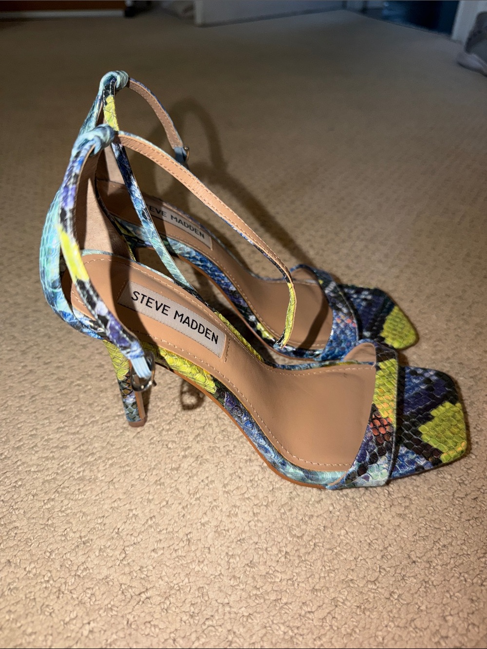 Steve Madden Blue and Yellow Snake-Print Ankle Strap Heels - Picture 2 of 2